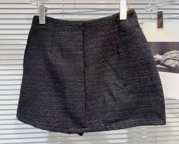 Women Black Bow Sleeveless Tweed Two Piece Skirt Set