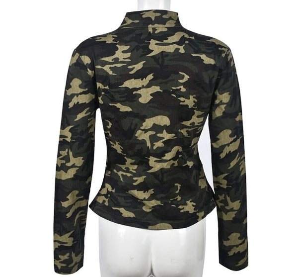 Women Fashion Camouflage Full Sleeve Zip Up Top