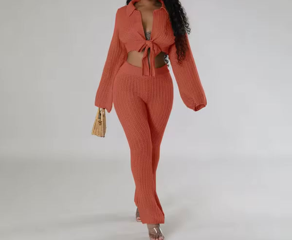 Women Knitted Tie Up Full Sleeve Crop Two Piece Fashion Pant Set