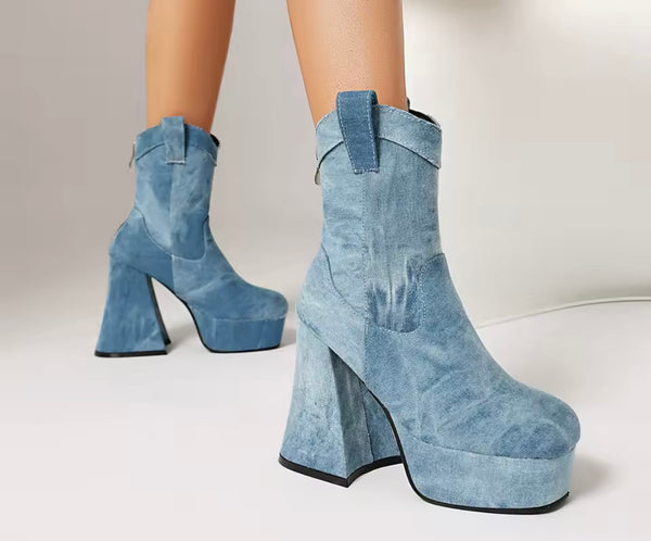 Women Fashion Square Toe Platform High Heel Ankle Boots