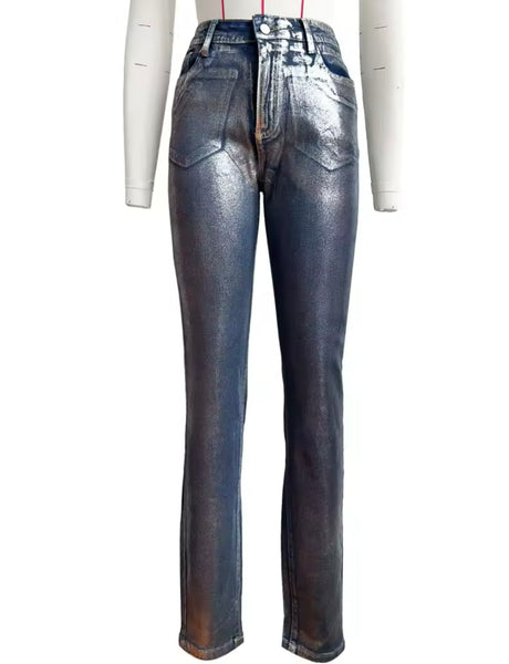 Women Fashion Metallic Denim Pants