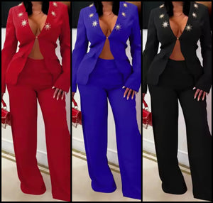Women Sexy Color Full Sleeve Blazer Two Piece Pant Set