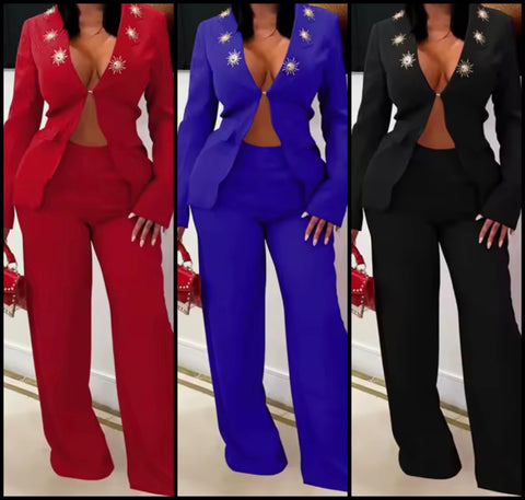 Women Sexy Color Full Sleeve Blazer Two Piece Pant Set