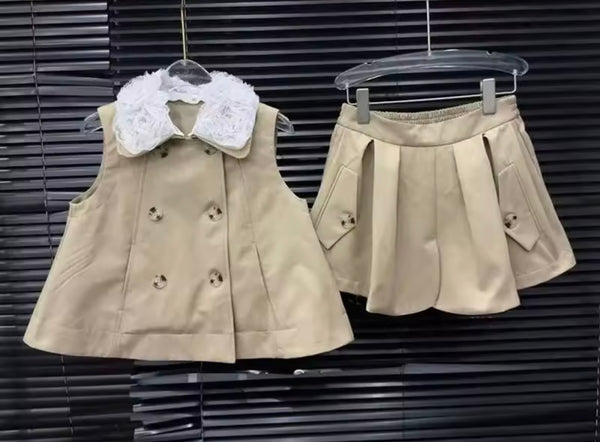 Women Lace Collar Sleeveless Button Up Two Piece Pleated Skirt Set