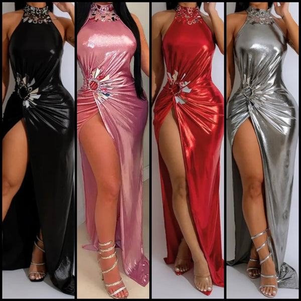 Women Sexy Bling Sleeveless PU Side Slit Maxi Dress