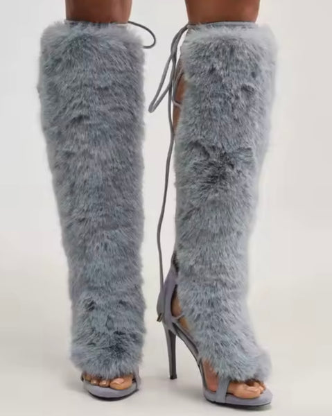 Women Fashion Open Toe Fur Patchwork Knee High Sandals
