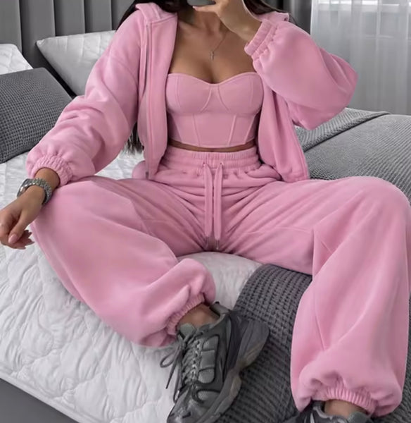 Women Color Hooded Fashion Three Piece Tracksuit Pant Set