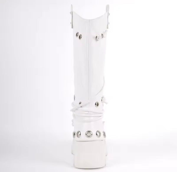 Women White Metal Ring Fashion Flat Knee High Boots