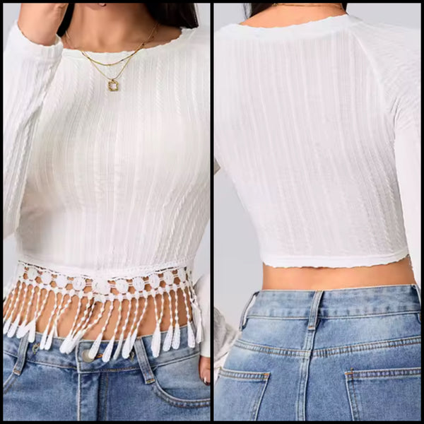 Women White Tassel Fashion Full Sleeve Crop Top