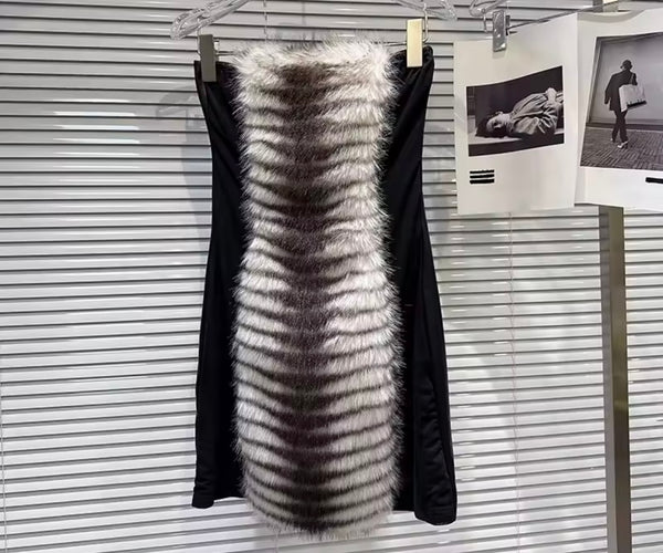 Women Sexy Strapless Faux Fur Patchwork Dress