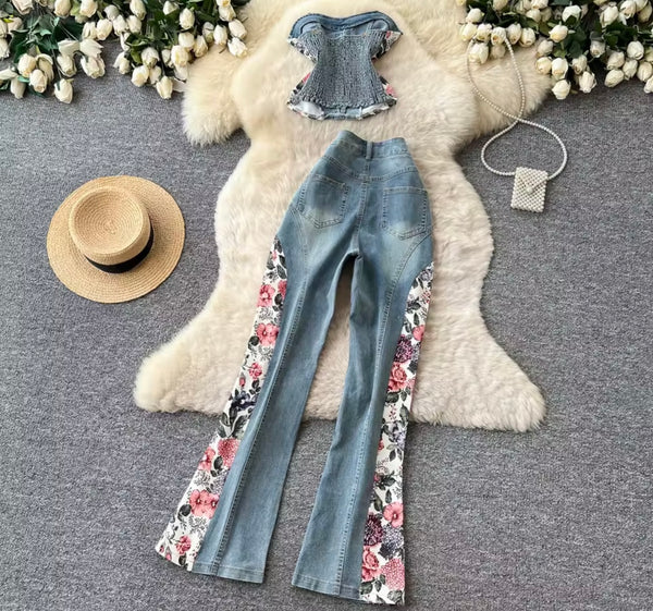 Women Strapless Floral Patchwork Denim Two Piece Pant Set