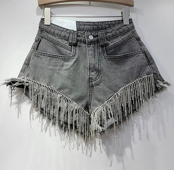 Women Fashion Color Rhinestone Tassel Denim Shorts