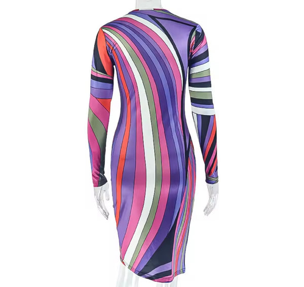 Women Sexy Multicolored Striped Full Sleeve Dress