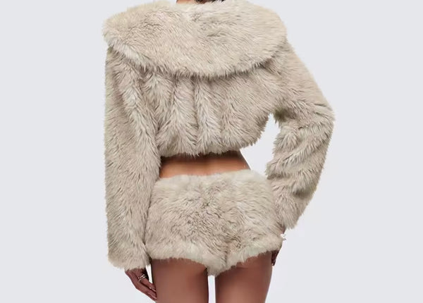 Women Sexy Fashion Faux Fur Crop Two Piece Short Set