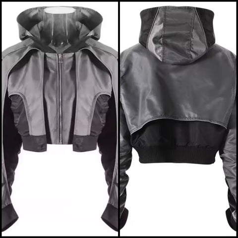 Women Fashion Color Patchwork Zip Up Hooded Jacket