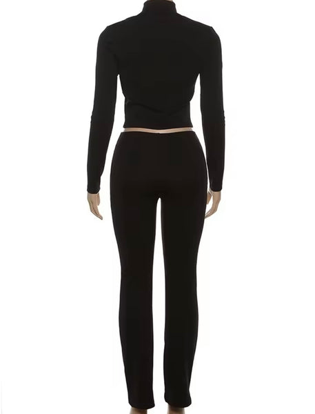 Women Black Turtleneck Cut Out Full Sleeve Three Piece Pant Set