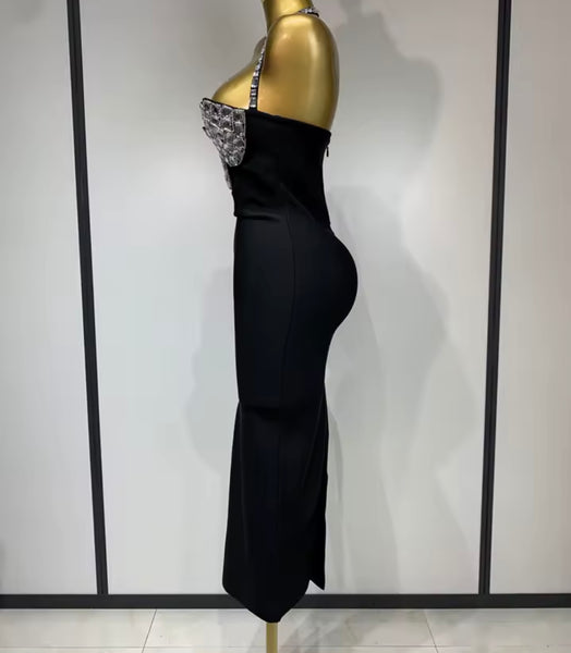 Women Sexy Halter Sleeveless Black Rhinestone Bandage Dress
