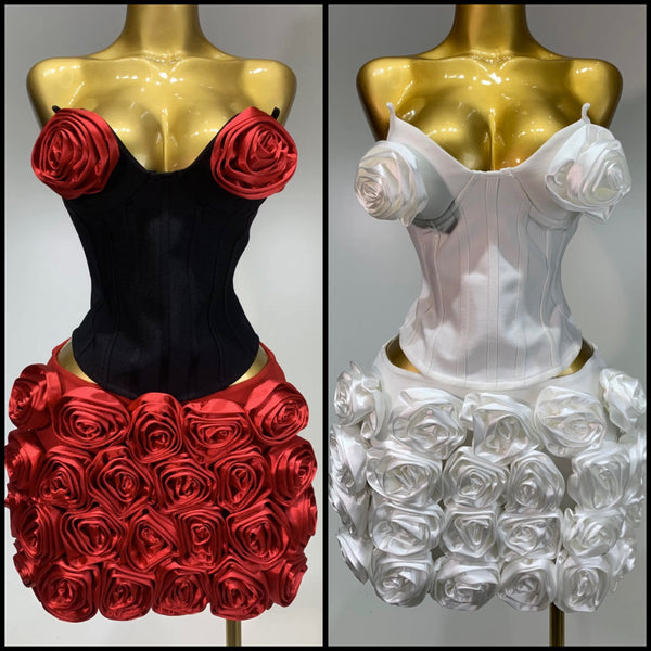 Women Sexy Strapless 3D Floral Two Piece Skirt Set