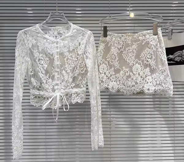 Women White Lace Button Up Full Sleeve Two Piece Skirt Set