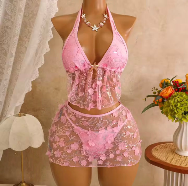 Women Sexy Floral Halter Bikini Cover Up Set