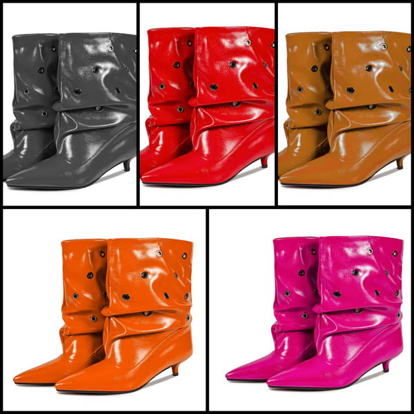 Women Color Pointed Toe Rivet Ruched Fashion Ankle Boots