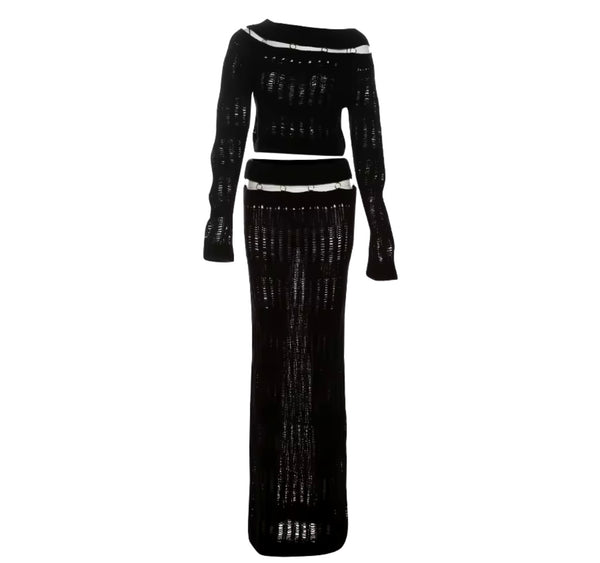 Women Black Knitted Full Sleeve Crop Two Piece Maxi Skirt Set