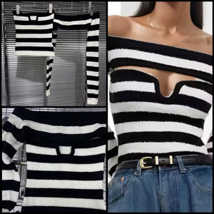 Women Fashion B&W Striped Full Sleeve Two Piece Top