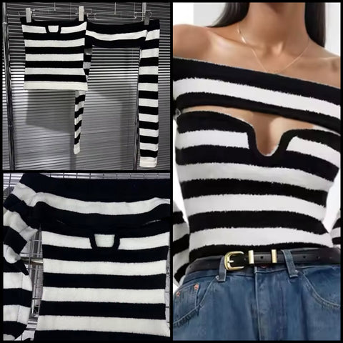 Women Fashion B&W Striped Full Sleeve Two Piece Top