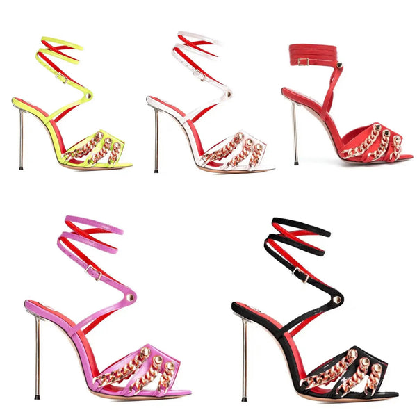 Women Color Chain Pointed Toe High Heel Ankle Strap Sandals
