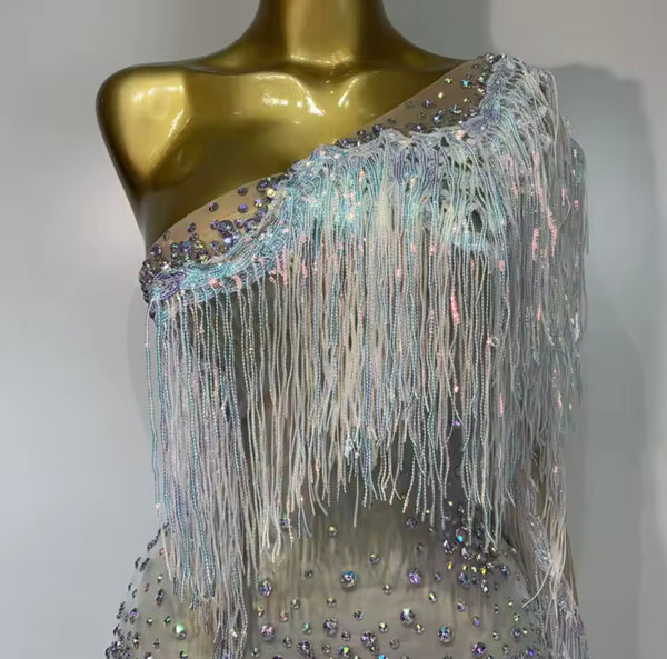 Women Sexy One Shoulder Silver Fringe Tassel Rhinestone Dress