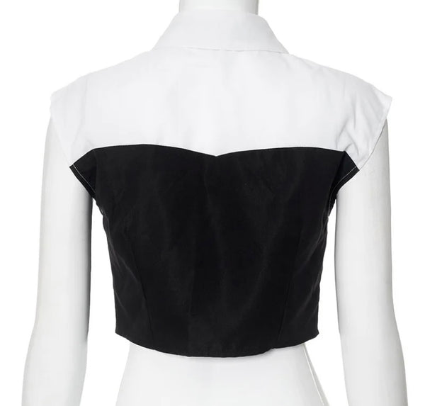 Women Fashion Sleeveless B&W Tie Crop Top