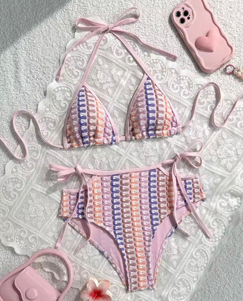 Women Pink Colorful Print Knitted Bikini Swimsuit