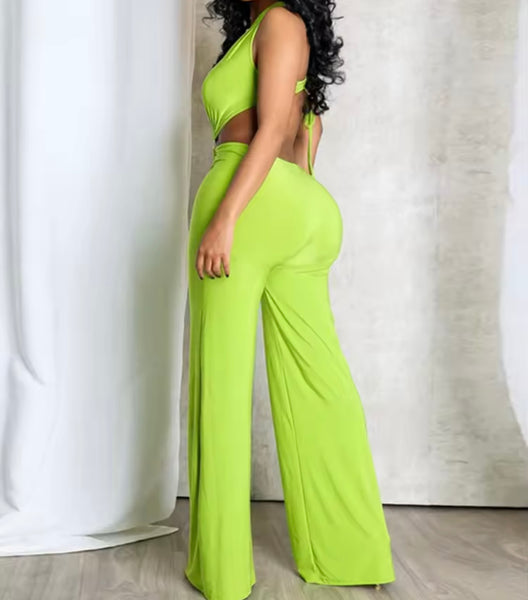 Women Sexy Color One Shoulder Sleeveless Metal Cut Out Jumpsuit