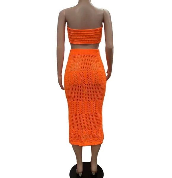 Women Orange Knitted Strapless Sexy Two Piece Skirt Set