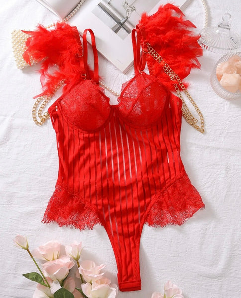 Women Sexy Feather Chain Sleeveless Striped Bodysuit Lingerie