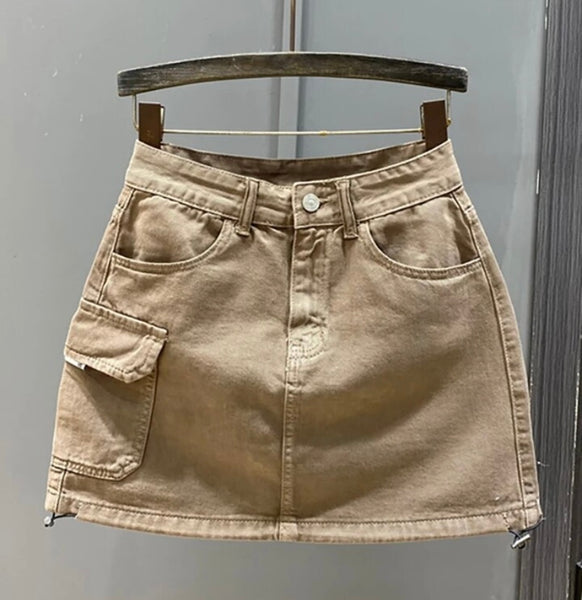 Women Fashion Side Pocket Drawstring Denim Skirt