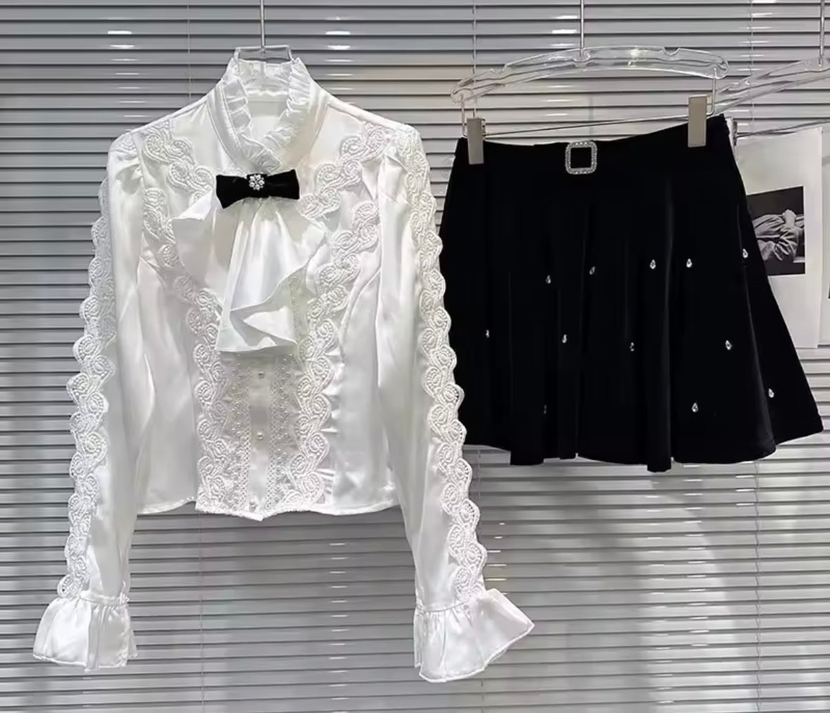 Women Ruffled Bow Tie Full Sleeve Two Piece Bling Skirt Set
