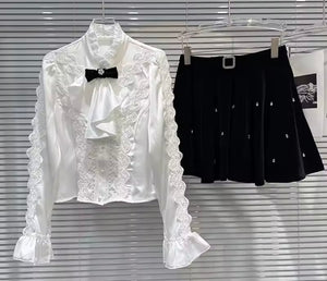 Women Ruffled Bow Tie Full Sleeve Two Piece Bling Skirt Set