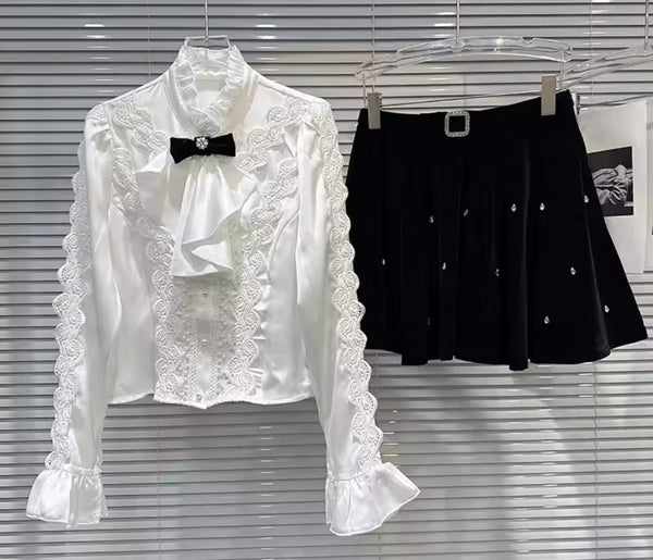 Women Ruffled Bow Tie Full Sleeve Two Piece Bling Skirt Set