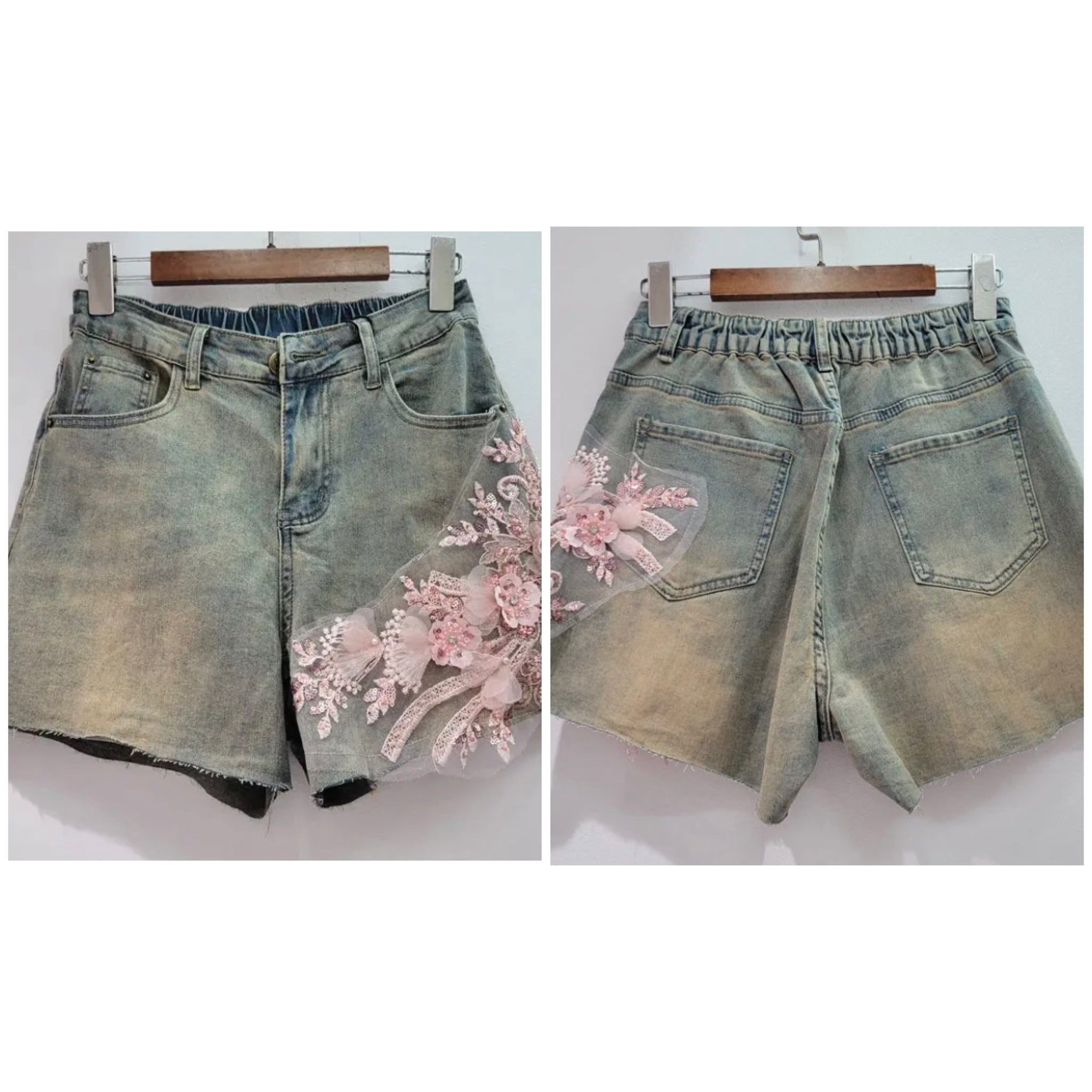 Women Fashion Pink Floral Patchwork Denim Shorts