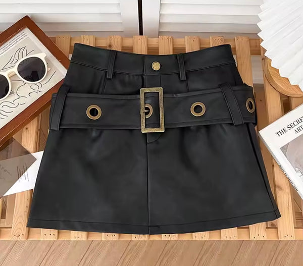 Women Fashion Faux Leather Gold Buckled Belted Skirt