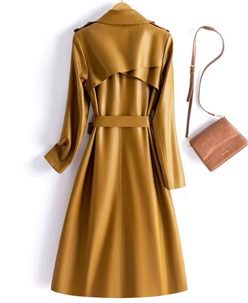 Women Color Fashion Faux Leather Trench Jacket