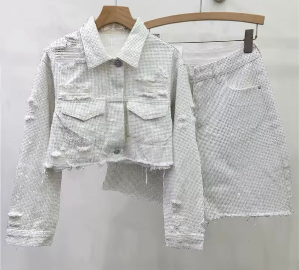 Women Fashion Ripped Bling Denim Jacket Two Piece Short Set