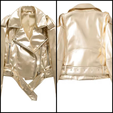 Women Gold Fashion Faux Leather Buckled Jacket