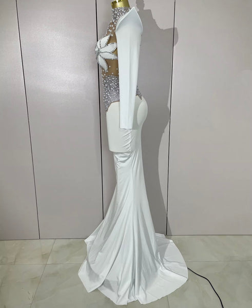 Women Sexy Rhinestone Pearl Mesh Patchwork Maxi Dress