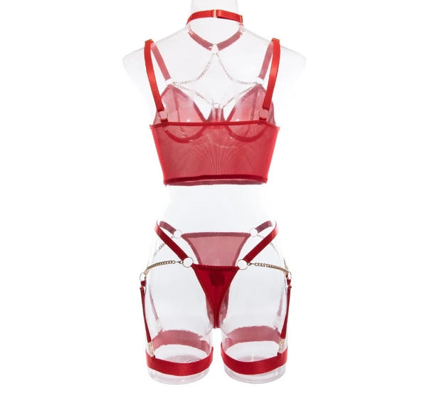 Women Sexy Red Chain PU Lingerie Set