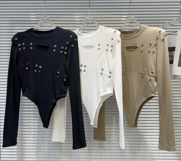 Women Fashion Cut Out Rivet Full Sleeve Bodysuit Top