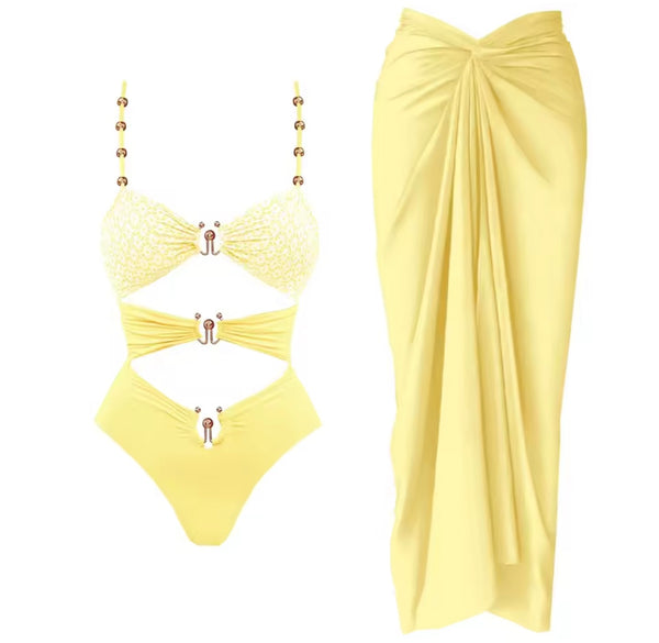 Women Sexy Color Printed Metal Cut Out Swimsuit Cover Up Set