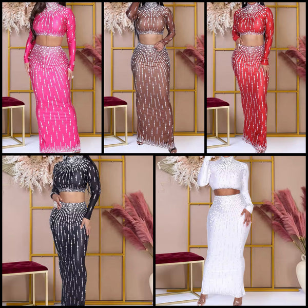 Women Sexy Bling Turtleneck Full Sleeve Crop Two Piece Maxi Skirt Set
