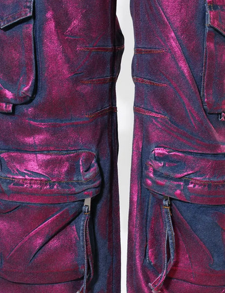 Women Fashion Purple Metallic Cargo Denim Pants